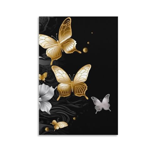 Impression sur toile papillons blancs dorés et noirs pour décoration murale