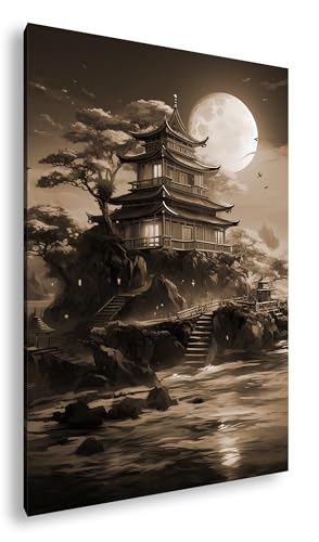 Toile sépia pagode surélevée et fleurs de cerisier sur cadre bois