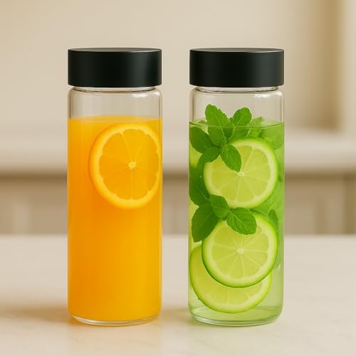 Image of 750ml Glass Water Bottles with Black Lids (Pack of 2) - Modern Textured Design - Airtight Plastic Cap - Premium Reusable Fridge Storage Containers for Juice, Milk, Iced Tea & Smoothies