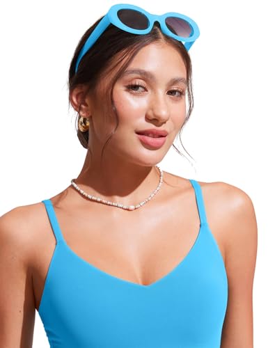 Image of CRZ YOGA V Shaped Longline Bikini Tops | Built-in Pads, A-D Cup, Cropped, Adjustable Spaghetti Straps, Swim, Bathing Suit for Women