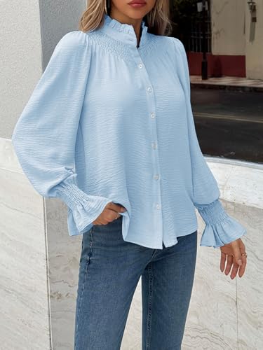 Tankaneo Womens Puff Long Sleeve Button Down Shirts Ruffle Mock Neck Blouses Dressy Casual Loose Fit Tops4