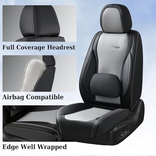 Image of Coverado Seat Covers, Car Seat Covers Front Seats, Waterproof Nappa Leather Auto Seat Cover with Lumbar Head Pillow, Black Gray Seat Covers Carseat Cover Universal Fit for Most Cars