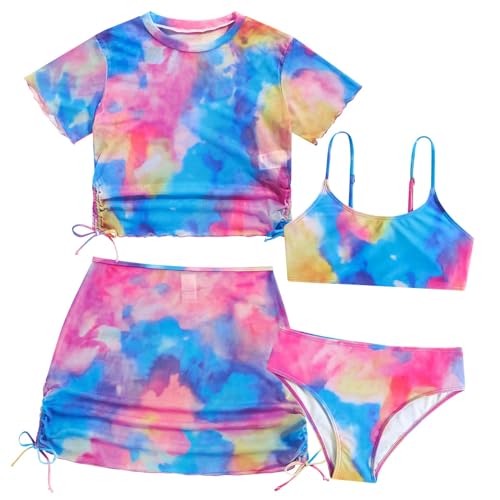 Big Girls Tankini Short Sleeve Bathing Suits Set 12-13 Years Old 3 Piece Pink Swimsuit with Cover Up Skirt 3D Tie Dye Hawaii Swimwear for Beach Pool