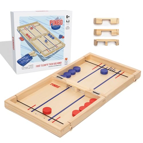 Pinbo The Classic Slingshot Game | Fast Action Foldable 2-Player Tabletop Wooden Game for Kids & Adults | Great for Travel & Game Night | Three Gates Included