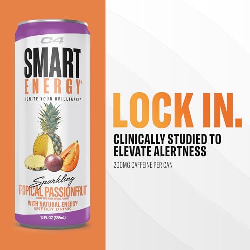 Image of C4 Smart Energy Drink - Sugar Free Performance Fuel & Nootropic Brain Booster, Coffee Substitute or Alternative | Tropical Passionfruit 12 Oz - 12 Pack