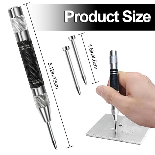 Punch central, 2 Pcs Spring Loaded Center Trou Punch, Poinçon de trou automatique pour le métal, le bois, le plastique, le verre (5 De pouce)