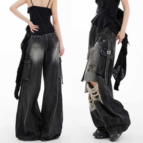 Gothic Women's Jeans Fashion Y2K Vintage Straight High Waist Baggy Wide Leg Ripped Denim Pants Black4