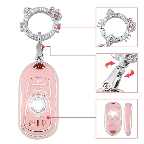 Image of Pangpai Pink Key Fob Cover for Buick, Soft TPU Key Case Protection with Bling Keychain Fit for Buick Encore Enclave Lacrosse Envision Verano Regal GL8 5 Buttons Smart Key