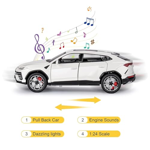 Image of Compatible for 1:24 Lamborghini Urus Car Model, Diecast Pull Back Car Toy car, Doors Open, Light and Sound, Boys Toys Kids Adults Gifts -White