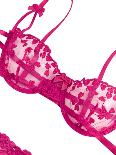 Image of Lilosy Sexy Tie Side Cute Underwire Push Up Strappy Embroidered Mesh Sheer Lingerie Set