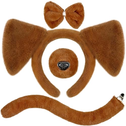 EFNHJF5 4 Stück Hundeohren Kopfbedeckung und Schwanz Nase Fliege Set,Braun Welpe Hundeohren Kopfschmuck Kostüm Zubehör für Kinder Erwachsene,Halloween,Karneval Karneval Kostüm Cosplay Party Supplies