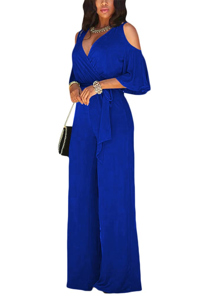 ORANDESIGNE Monos de Vestir Mujer Pantalones Largos Elegante Verano Tallas Grandes Mono de Manga Corta Jumpsuit Monos Fiesta Playsuits con Cinturón Clubwear Monos