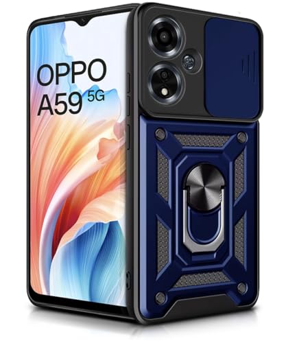 Image of WOW IMAGINE Tough Armor Bumper Mobile Back Case for Oppo A59 5G | Sliding Camera Shield Cover | Shock Proof 360 Protection | Hybrid PC + TPU | Ring Holder with Kickstand - Blue