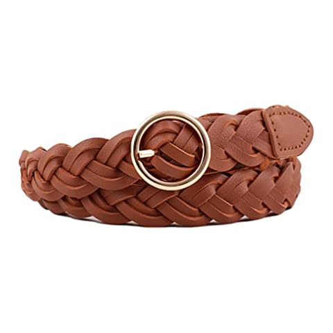Women's Braided Woven Leather Skinny Belt with O-ring Bucklefor Jeans Dress Ladies Belts (Brown) Cover