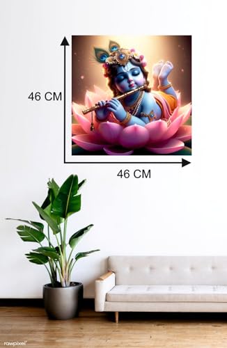Image of Techgifti Little Baby Krishna In Pink Lotus Flower God Wall Poster For Pooja Room,Living Room,Office (Size - 45Cm X 45Cm)