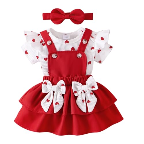 Image of FOCUTEBB Baby Girl Clothes Newborn Romper Love Heart Print Short Sleeved Ruffled Bow Skirt Headband Outfits Set 0-18 Months