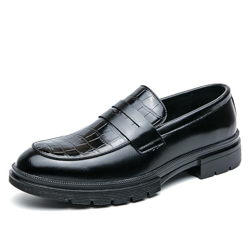 Image of Men's Leather Printed Chunky Platform Penny Loafers Luxury Round Toe Slip-On Lug Sole Office Business Dress Shoes Daily Non-Slip Low Block Heel Casual Shoes