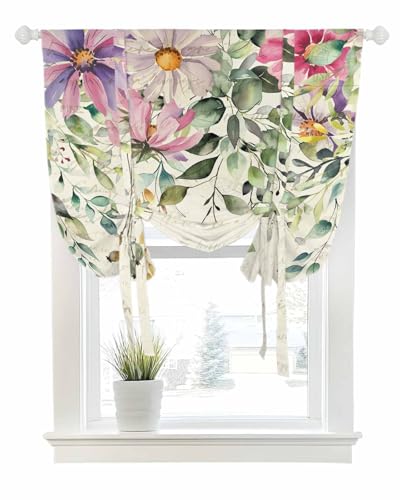 Tie Up Curtains for Windows Retro Summer Flower Eucalyptus Leaves Rod Pocket Tie-Up Window Shade Adjustable Balloon Curtain Valance Floral on Paper for Bedroom Kitchen Bathroom Blinds,52x45in