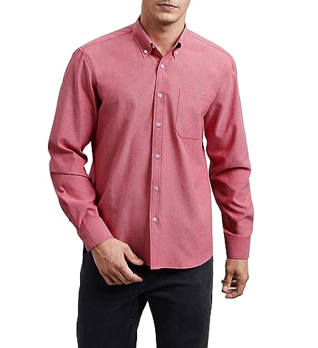 HISDERN Camisa de homem de manga comprida Oxford casual camisas de algodão com bolso regular Fit S-4XL, Vermelho, XXL