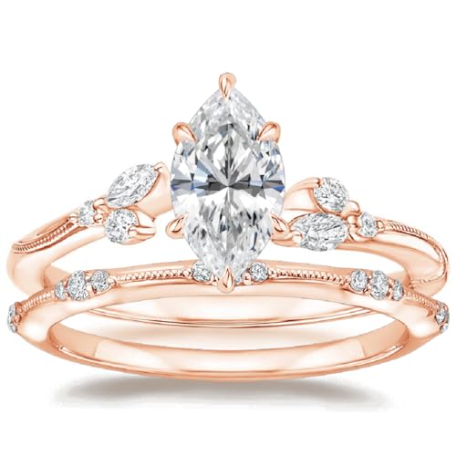 Generic 14K Rose Gold Halo Marquise Cut Moissanite Wedding Ring Set, 2 CT, Bridal Set, Engagement Gift, 7