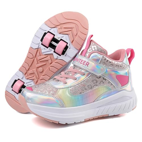 2024 Fashion Roller Skates Shoes for Girls High-Top, Pink Four-Wheel Skates Sneakers with Retractable Double Wheels, Perfect for Fitness and Cross-Training