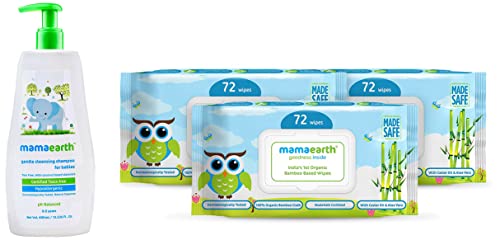 Image of Mamaearth Gentle Cleansing Natural Baby Shampoo, 400ml (White) & India's First Organic Bamboo Based Baby Wipes - Pack of 3 (72x3)