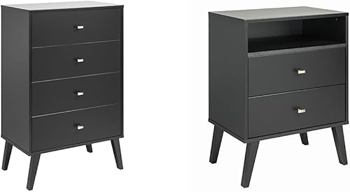 Prepac Milo - Cómoda de 4 cajones, color negro & Milo Mid-Century Moderna mesita de noche de 2 cajones con estante abierto, 16 pulgadas de