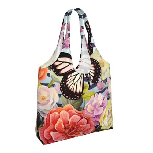(Striped Flower Butterfly) Large Tote Shoulder Bag Fashion Canvas Handbag Reusable Shopping Bag Travel Bag For Women2