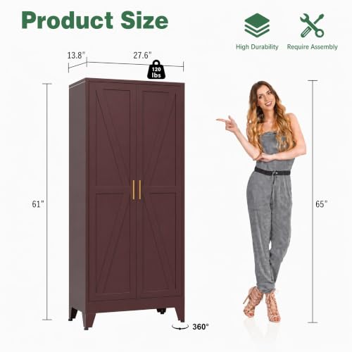 Image of Bevivog 61 inch Metal Storage Cabinet with 2 Doors and 3 Adjustable Shelves, Tall Bathroom Cabinet Freestanding, Farmhouse Metal Pantry Cabinets for Kitchen, Living Room, Home Office