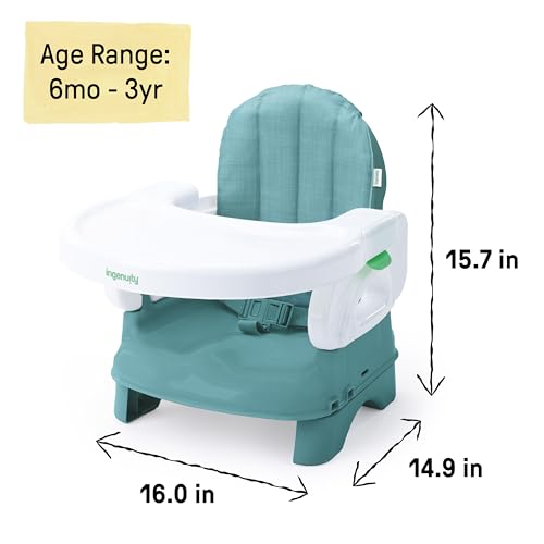 Image of Ingenuity Deluxe Comfort Booster Seat for Kitchen Chair, Compact Fold, Portable, Lightweight, Toddler Booster Seat for Dining Table, from 6 Months to 3 Years - Teal