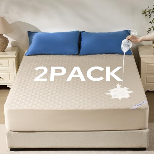 Image of BEDLORE 2 Pack Waterproof Mattress Protector,Queen Size Mattress Pad Noiseless with Deep Pocket Fitted for 6 inch-18 inch,Breathable Dirt Proof Bed Mattress Cover Washable for Home,Bedroom,Hotel(Beige)