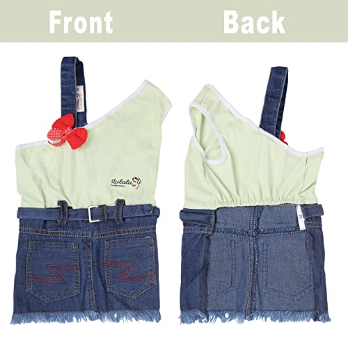 Image of Lulala Dress One Shoulder Autumn Denim Jeans with Pocket-Outfits Pet Pretty Off Shoulder Dress for Dogs-Comfortable and Casual Teddy Clothes Skirt with Belt Bib Overalls(S,Sea Green)