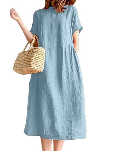 Onsoyours Damen Sommerkleid Leinenkleider Casual Rundhalsausschnitt Kurzarm Midi Kleid Elegent Lange Tunika Bluse Kleider Sommer D Hellblau L
