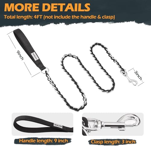 Image of Chewy Dog Leash Dog Leash 5.2FT /4FT Heavy Duty Metal Dog Chain,Strong Comfortable Soft Padded Handle for Large Breed Dogs, Anti-Chewing for Medium Dog Chew Proof Suitable Walking (Black, 4FT(3.0))