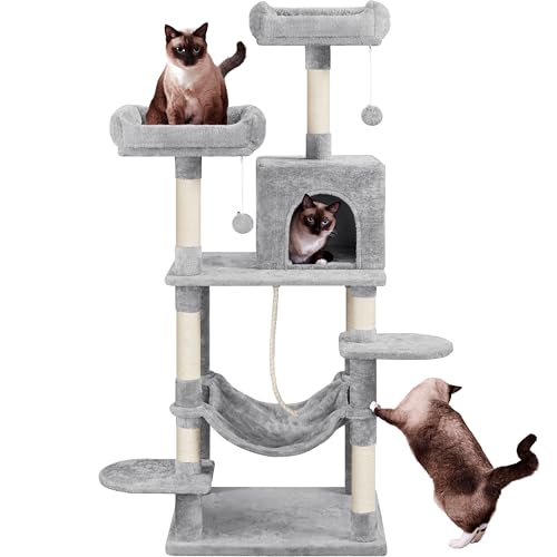 Yaheetech Kratzbaum 150 cm Katzenkratzbaum mit 2 Kuscheligen Aussichtsplattformen Sisal Katzenmöbel Kletterbaum für große Katzen, Hellgrau