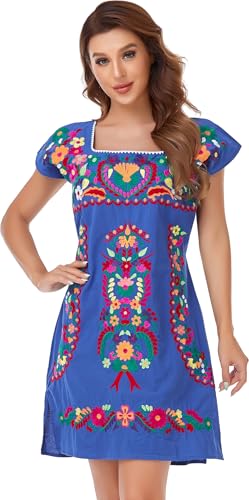 Image of YZXDORWJ Women Mexican Embroidered Dress Ruffle Collar Sleeveless