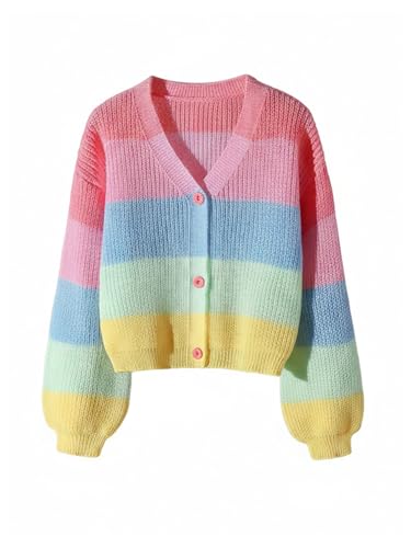 Image of BEAUDRM Girl's Rainbow Cardigan Sweater Fall Cute Sweaters Colorblock Button Down Cardigan Long Sleeve Knitted Top