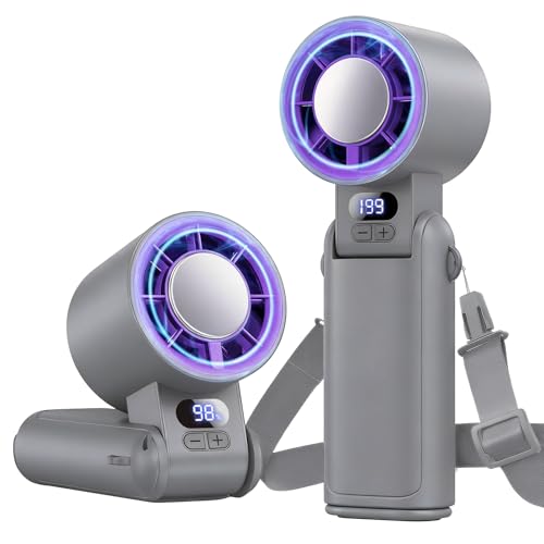 Image of Portable Handheld Turbo Fan, 1-199 Speed Adjustable with LED Display, High-Power Motor, Rechargeable Battery, 4 IN 1 Pocket Design Mini Fans for Indoor /Outdoor /Travel /Work, Grey Purple