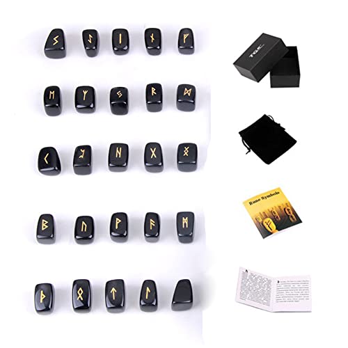 TGS Gems Black Obsidian Rune Stones Set Engraved Pagan Lettering with Instruction Booklet and Velvet Pouch