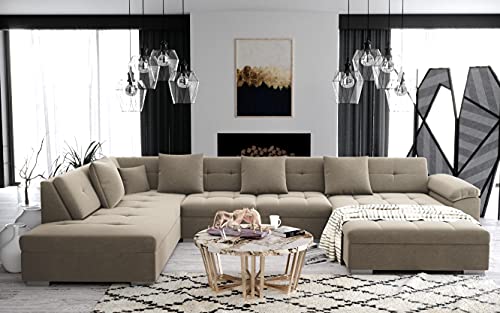 ATIS - Canapé d'angle panoramique XXL en U - en Tissu - Angle Gauche (Beige)