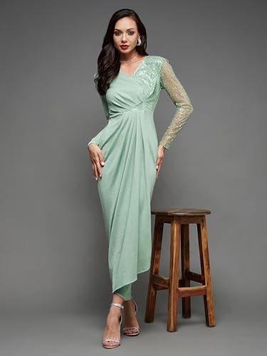 Image of Miss Chase Women's Fit and Flare Full Length Pleated V-Neck Full Sleeve Dress