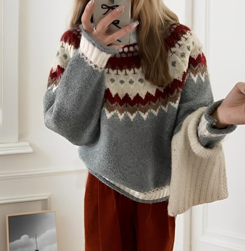 Women's Vintage Fair Isle Crewneck Knit Sweaters Fall Winter Casual Loose Cozy Warm Long Sleeve Pullover Sweater Tops2