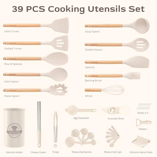 Image of Astercook Kitchen Utensils set, 39 PCS Silicone Cooking Utensils Set with Wooden Handle, 446F Heat Resistant Food Grade Utensil Sets, BPA Free Kitchen Gadgets Tools Set for Nonstick Cookware (Cream)