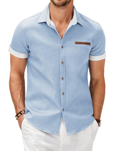 COOFANDY Herren Hemd Kurzarm Jeanshemd Sommer Kurzarmhemd Männer Freizeithemd Denim Button Down Shirt mit Kariert Kent-Kragen Hellblau XL
