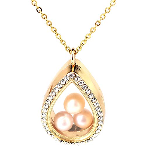 2X/lot Glass Locket Waterdrop Necklace Floating Pearl Pendant Stainless Steel Chains (Gold)