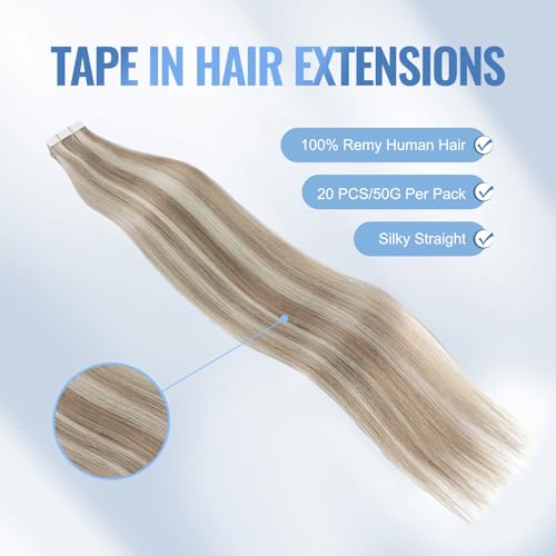 Image of Sixstarhair Invisible Tape In Hair Extensions Real Human Hair Blonde Highlights Gold Blonde With Ash Blonde Remy Tape Hair Extensions for Woman 20 Pieces 50g[Color #P20-60 22 inch]