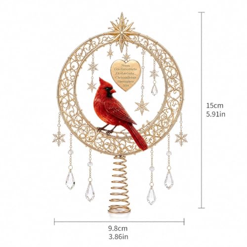 Lighted Gold Metal Red Cardinal Crescent Moon Christmas Tree Topper - image 2