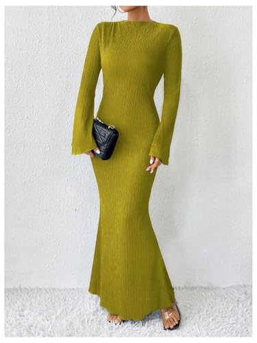 Image of GORGLITTER Women's Bell Long Sleeve Cocktail Maxi Dress Crew Neck Bodycon Fishtail Casual Long Dresses