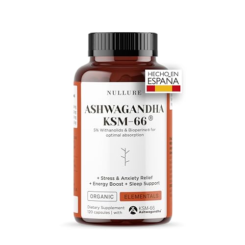 Nullure Ashwagandha KSM-66 Orgánica + Bioperine | Vegana | 600mg | Antiestrés (Cortisol) · Equilibrio Emocional · Resistencia | Ashwagandha Ecológica | 5% Withanolides | 120 caps. (2 meses)