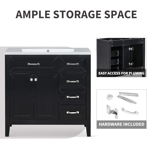 Image of Favfurish 36 inch Bathroom Vanity with Ceramic Sink,Undermount Single Basin Bath Vanity Set w /2 Soft-Close Doors and 3 Drawers,Modern Freestanding Storage Cabinet,Solid Wood Frame,Black